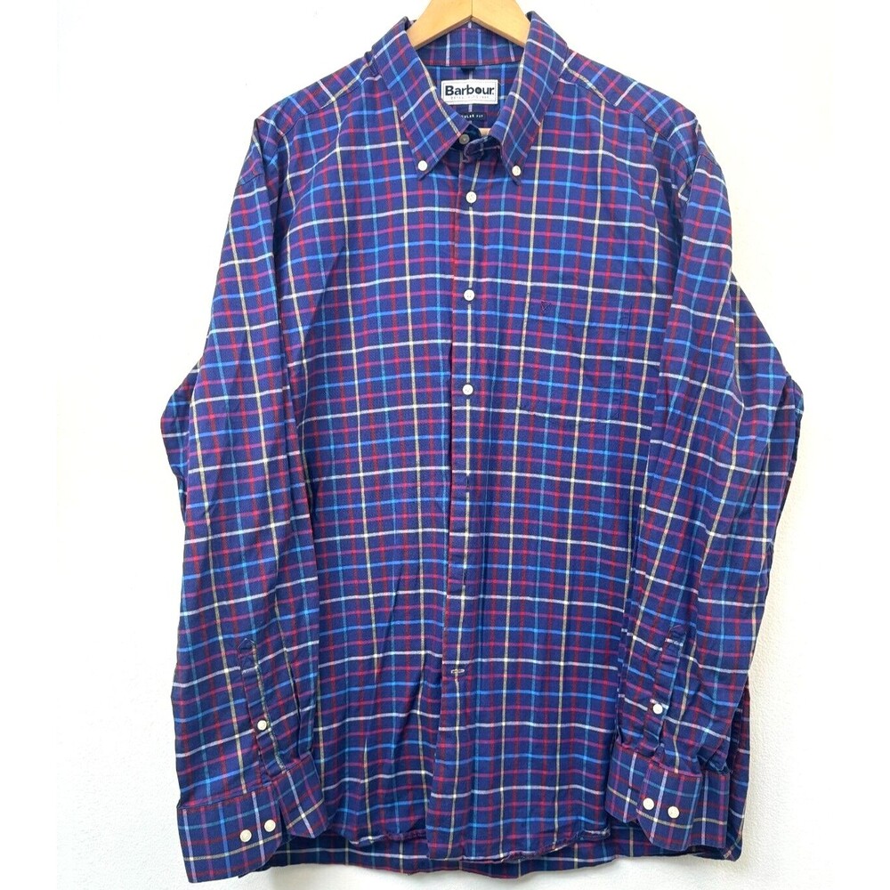Barbour Regular Fit Plaid Check Blue Purple Button Down Shirt Men's XL